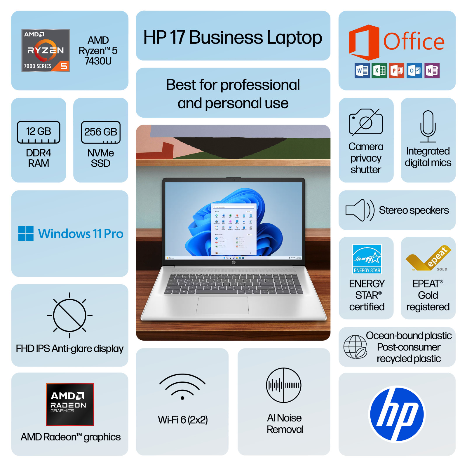 2026 HP Pavilion Laptop 17 FHD AMD Ryzen 5 7430U 12GB RAM & 256GB SSD Win 11 Pro