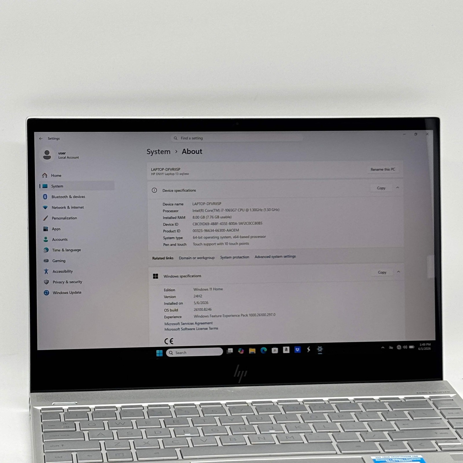 Broken HP Envy 13-AQ1076NR 13″ i7-1065G7 1.3GHz 8GB RAM 512GB SSD Read