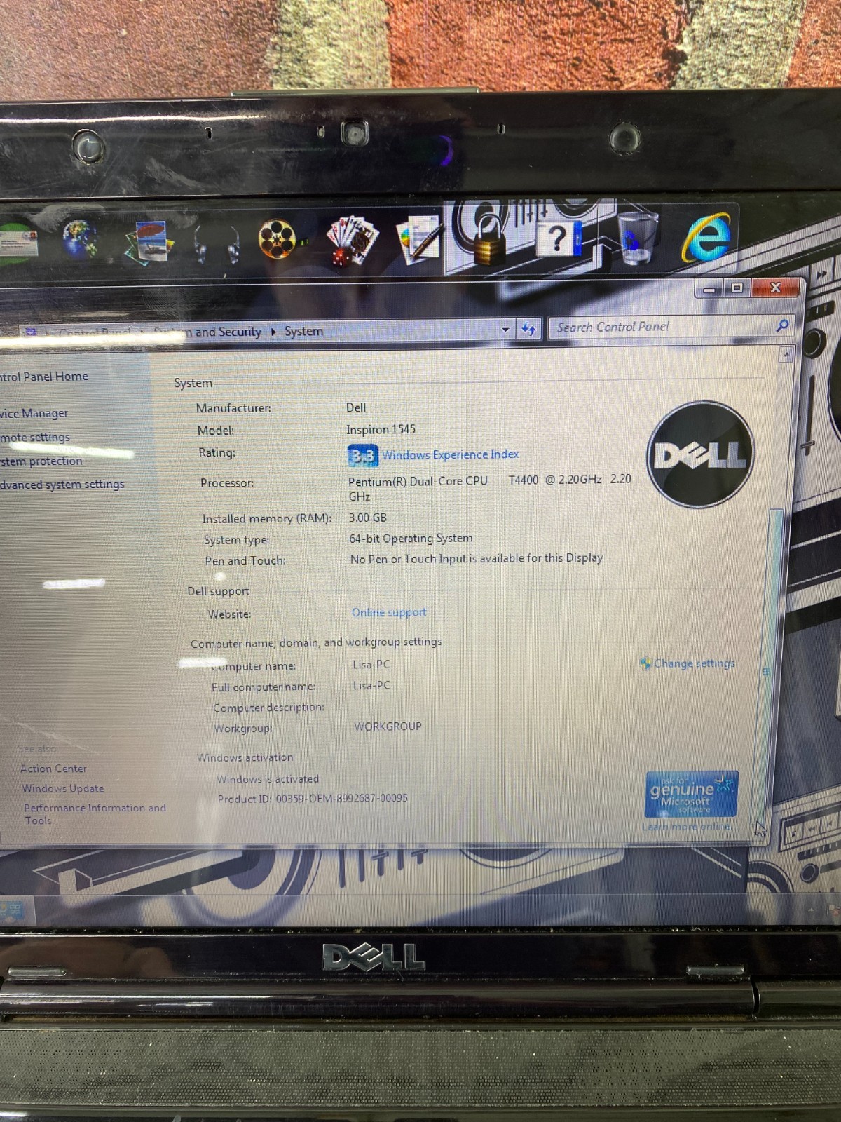 Dell Inspiron 1545 Laptop 15.6″ Pentium D 3GB RAM 320GB HDD (Windows 7 64-Bit)