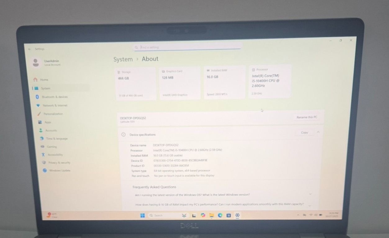 Dell Latitude 5511 15.6in FHD i5-10400H 16GB 500GB SSD Win11 Webcam See Photos