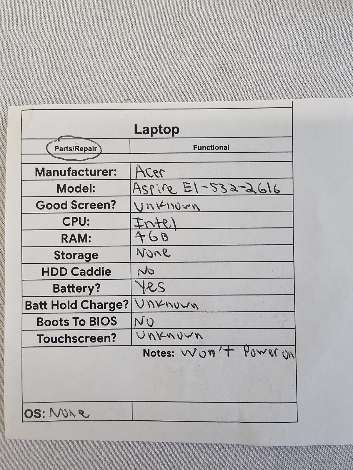 Acer Aspire E1-532-2616 Laptop – WON’T POWER ON – Parts/Repair – Read Desc.