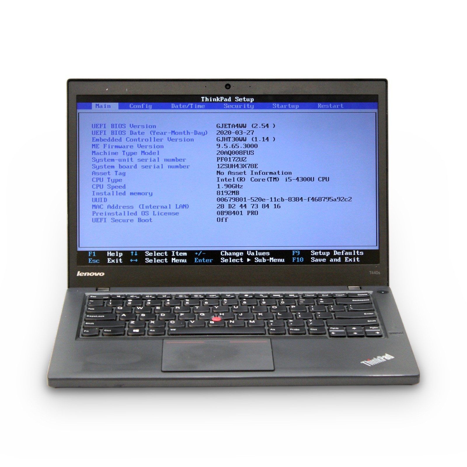 Lenovo ThinkPad T440S 14in i5-4300U 1.9GHz 8GB Grade A No OS, Drive, Power Cord