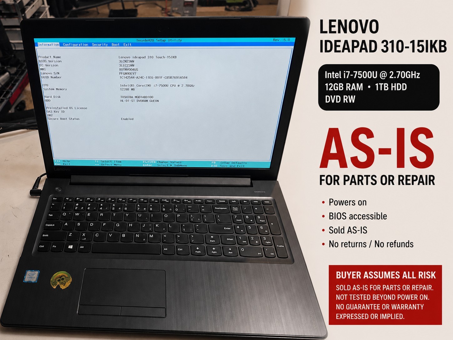 Lenovo IdeaPad 310-15IKB Intel i7-7500U 2.7GHz 12 GB 1TB NO OS AS-IS FOR PARTS