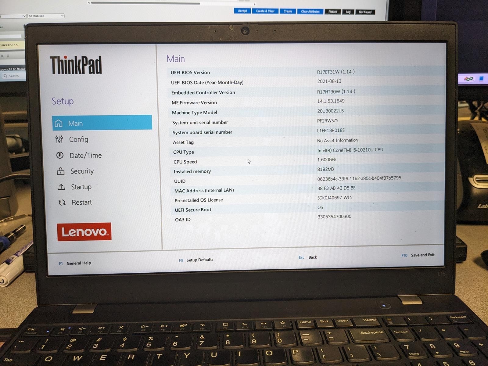 LENOVO THINKPAD L15 i5-10210U @ 1.60GHz, 8GB RAM, NO HDD/OS