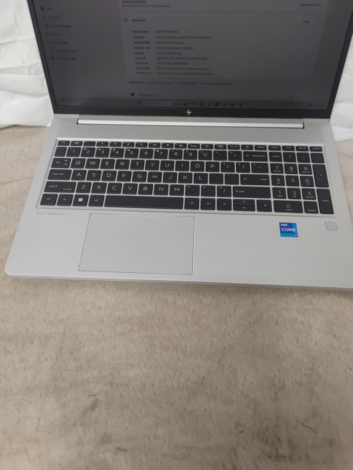 EliteBook 650 G9, i7-12th Gen, 16gb Ram, 256gb SSD, 10 Key, Win 11