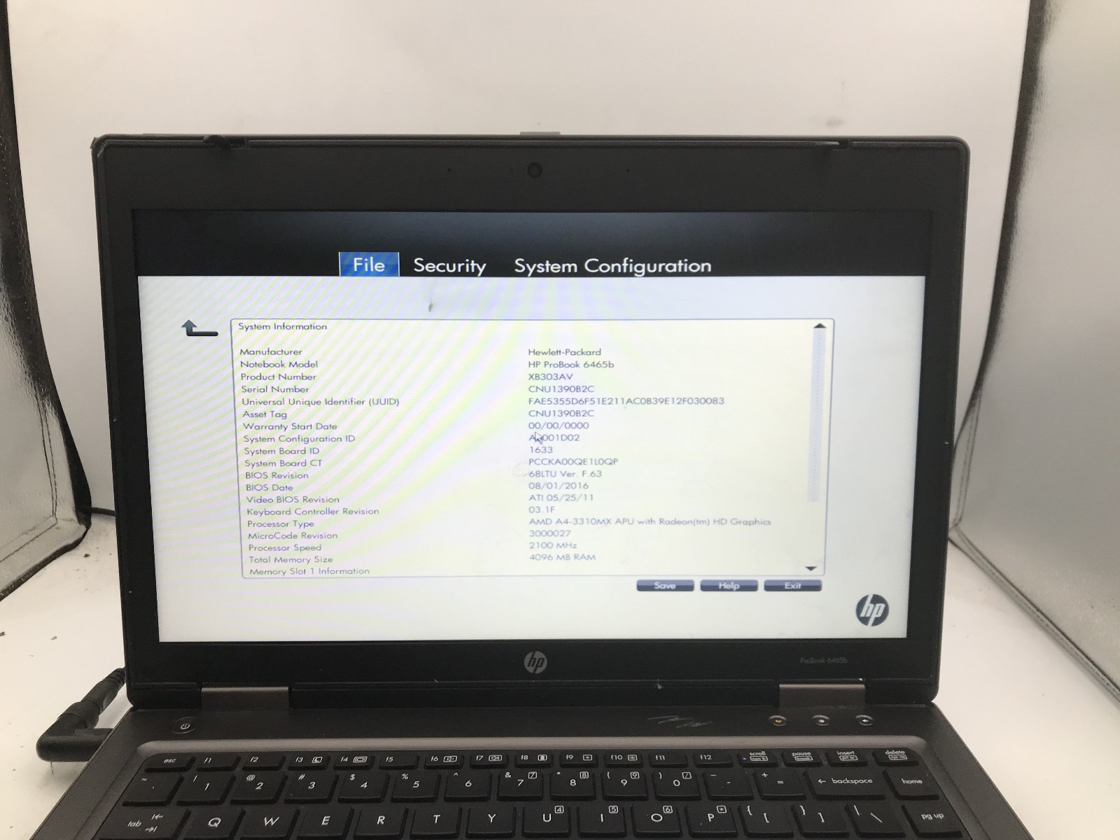 HP PROBOOK 6465B – BOOTS TO BIOS – AMD A4 3310MX – NO RAM – READ DESCRIPTION -BB