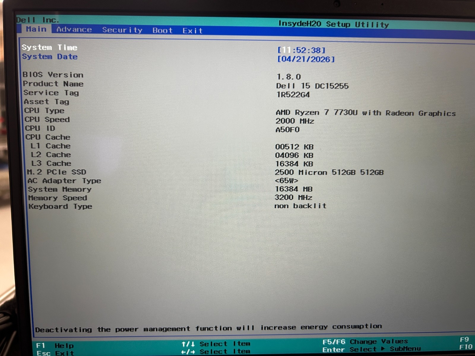 DELL 15 DC15255 G8MK9,, AMD Ryzen 7 7730U, 2.00 GHz, 16 GB RAM,, 512 GB NVMe SSD