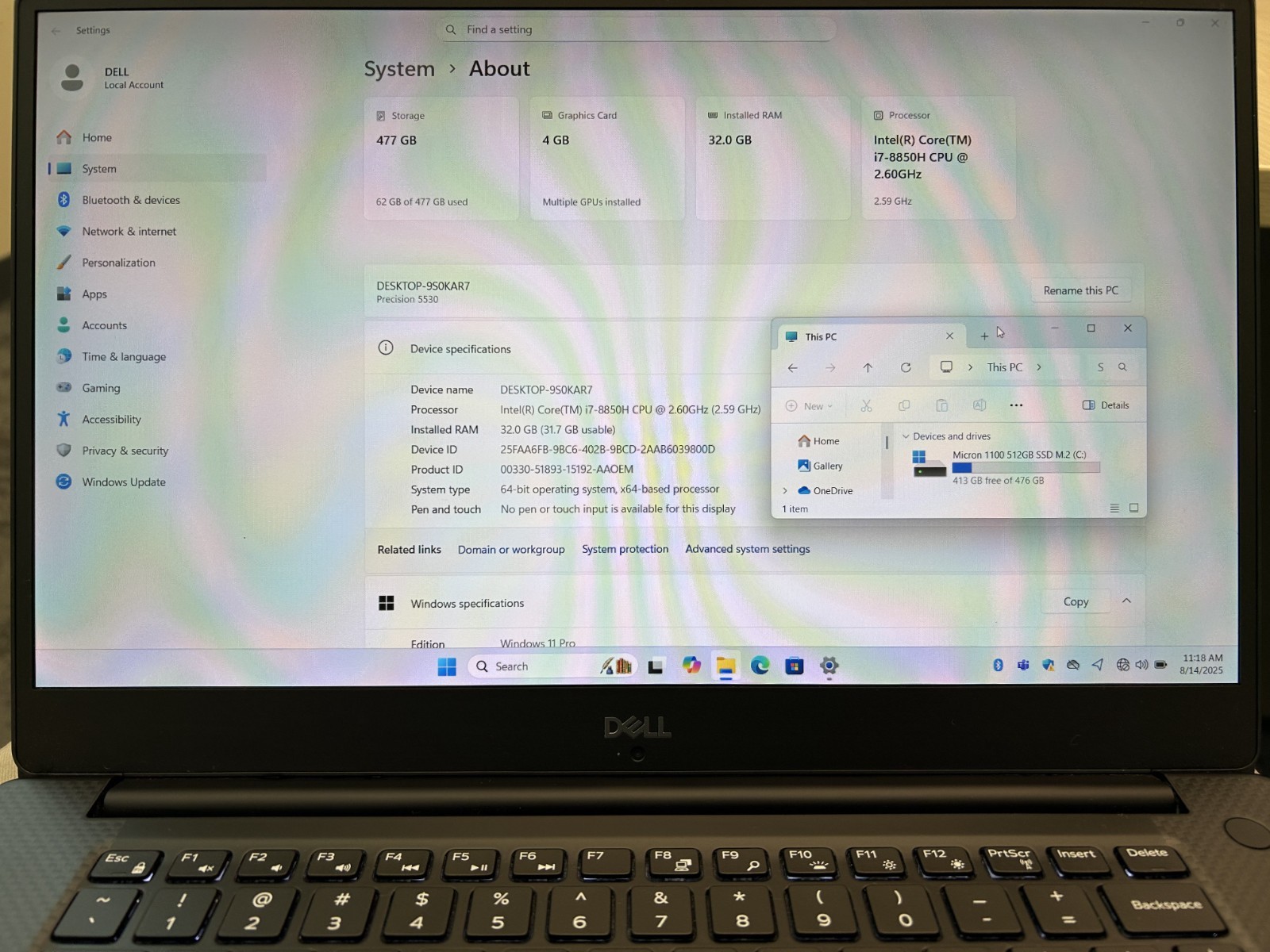 Dell Precision 5530 15.6″ i7-8850H 512GB M.2 32GB RAM Quadro T2000 GPU Win 11
