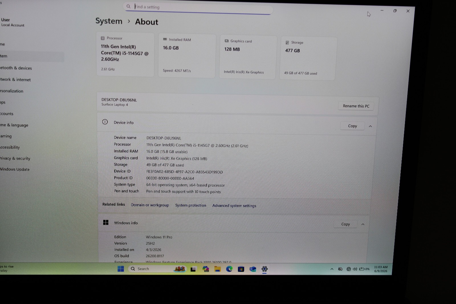 Microsoft Surface Laptop 4 13″ 1951 _ i5-1145G7 @ 2.6 _ 16GB / 512GB _ W11P