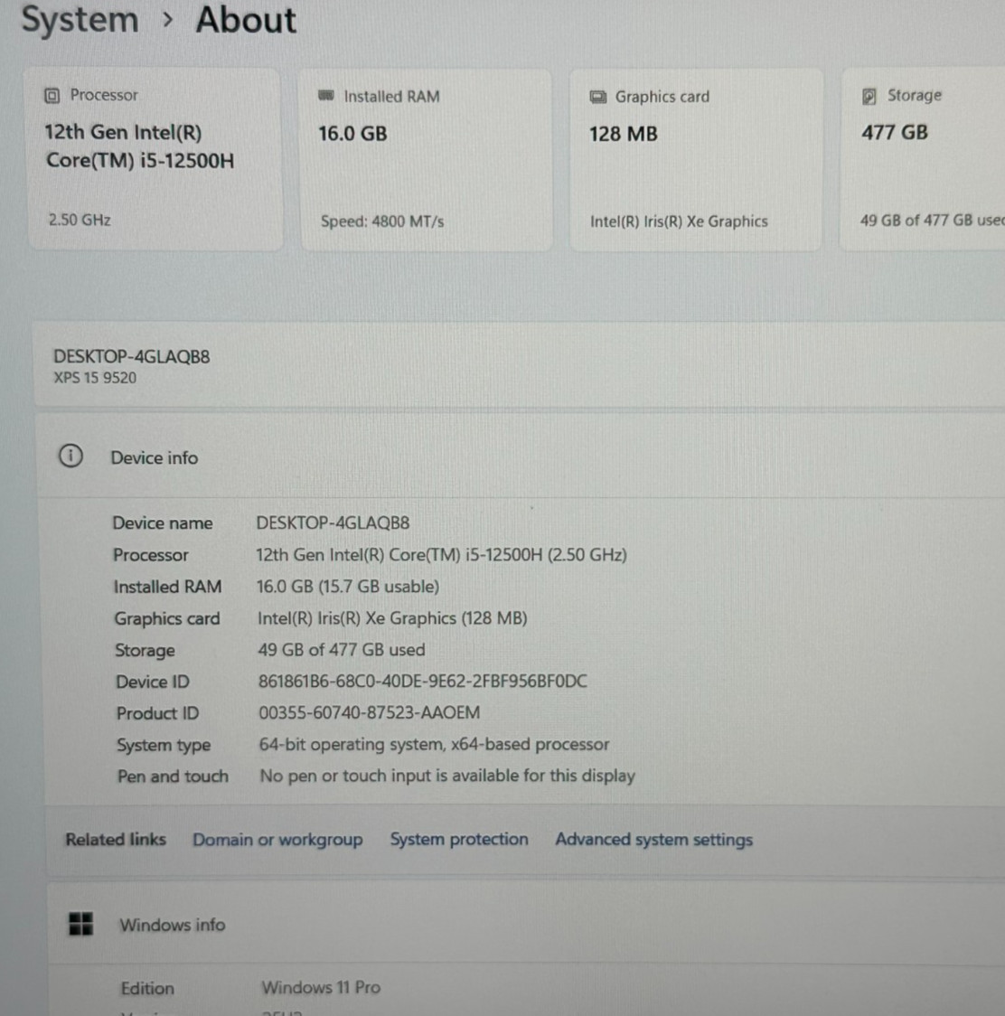 DELL XPS 15 9520 LAPTOP CORE i5-12500 @ 3.20 GHZ 16GB RAM 512GB SSD (lp731)