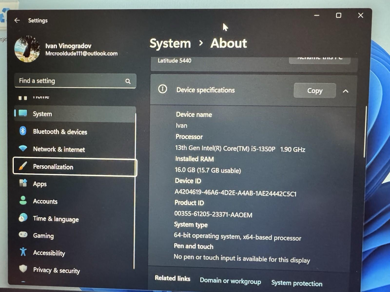 Dell Latitude 5440 14″ FHD Touch Intel Pro i5-1350P16GB 256GB W11P – Wi-Fi 6E