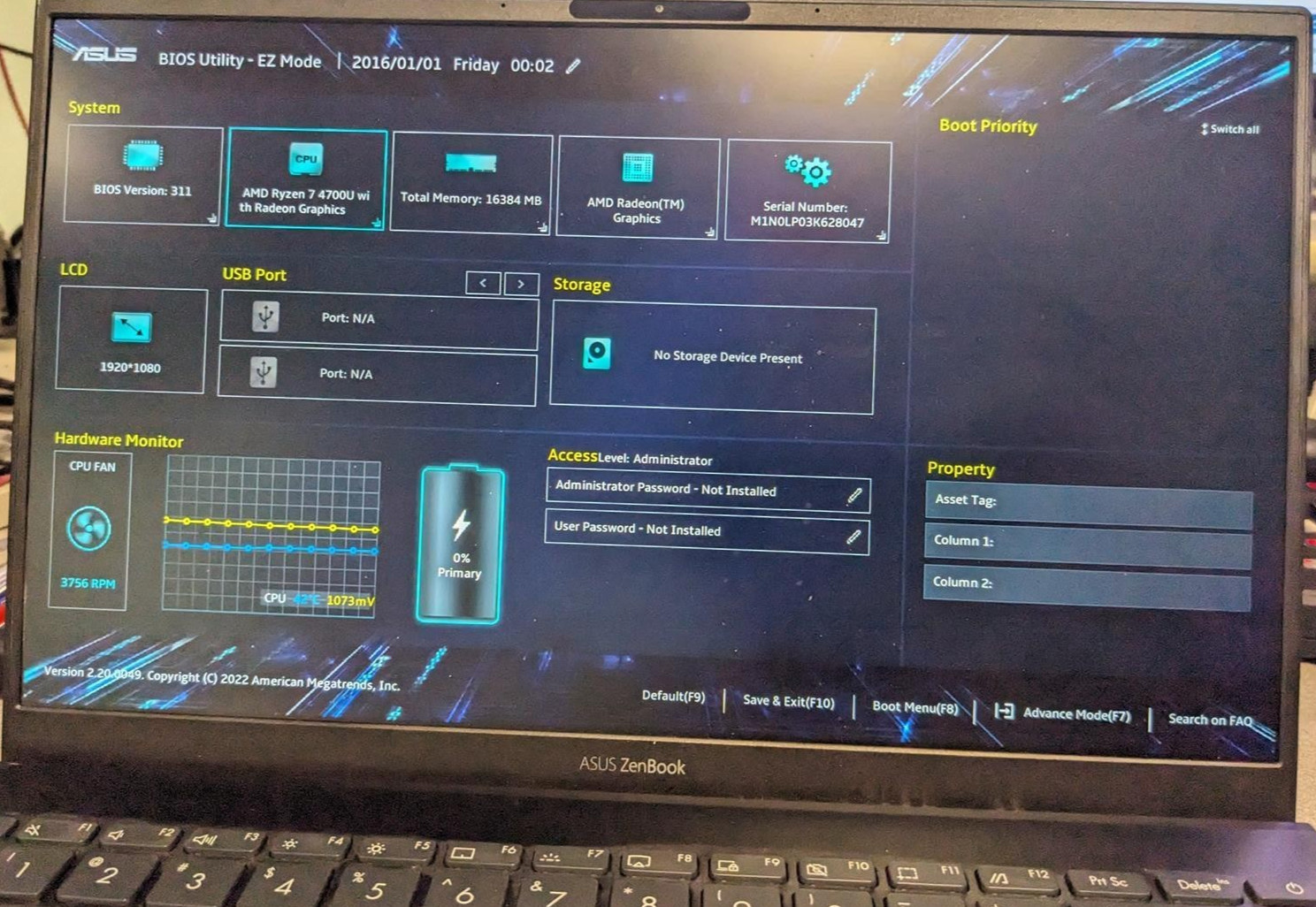 ASUS UM425I ZENBOOK RYZEN 7 4700U @ 2.0GHz, 16GB RAM, NO HDD/OS