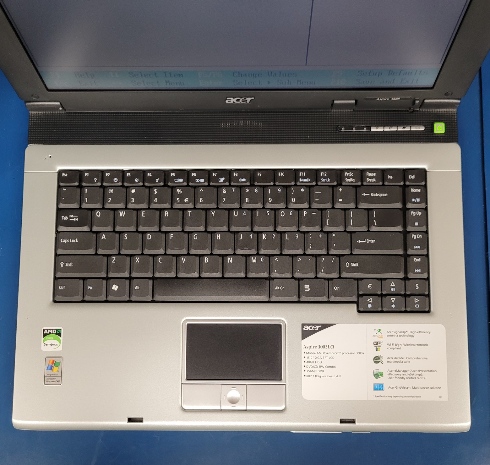 Acer Aspire 3003 LCi Laptop / AMD Sempron 3000 CPU / 640 KB RAM / NO HDD
