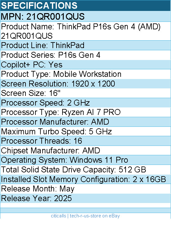 Lenovo 21QR001QUS ThinkPad P16s Gen 4 16″ Copilot+ PC Mobile Workstation