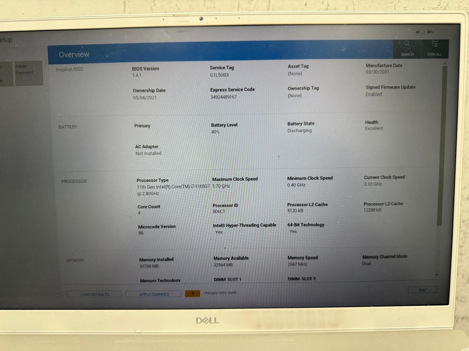 Dell Inspiron 5502 CPU i7-1165G7, 2.80GHz, 32GB RAM, 1TB SSD NVMe