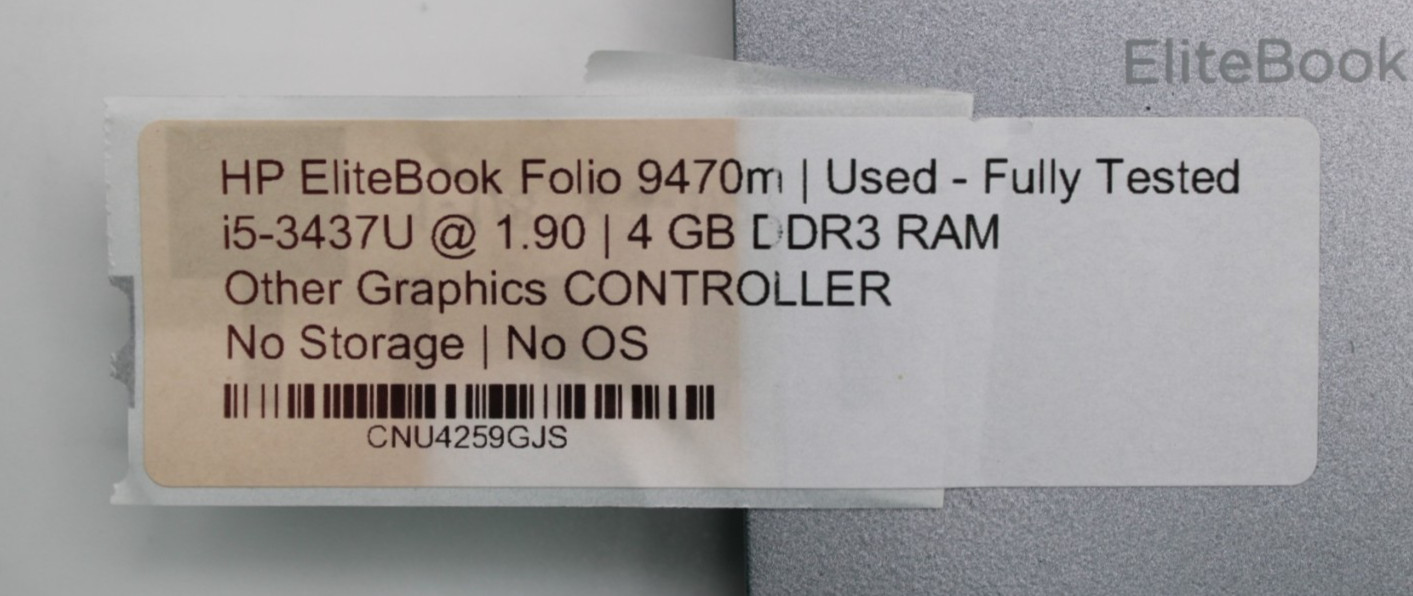 HP EliteBook Folio 9470m i5-3437U@1.9GHz 4GB DDR3 NO STORAGE OR OS *USED/TESTED*