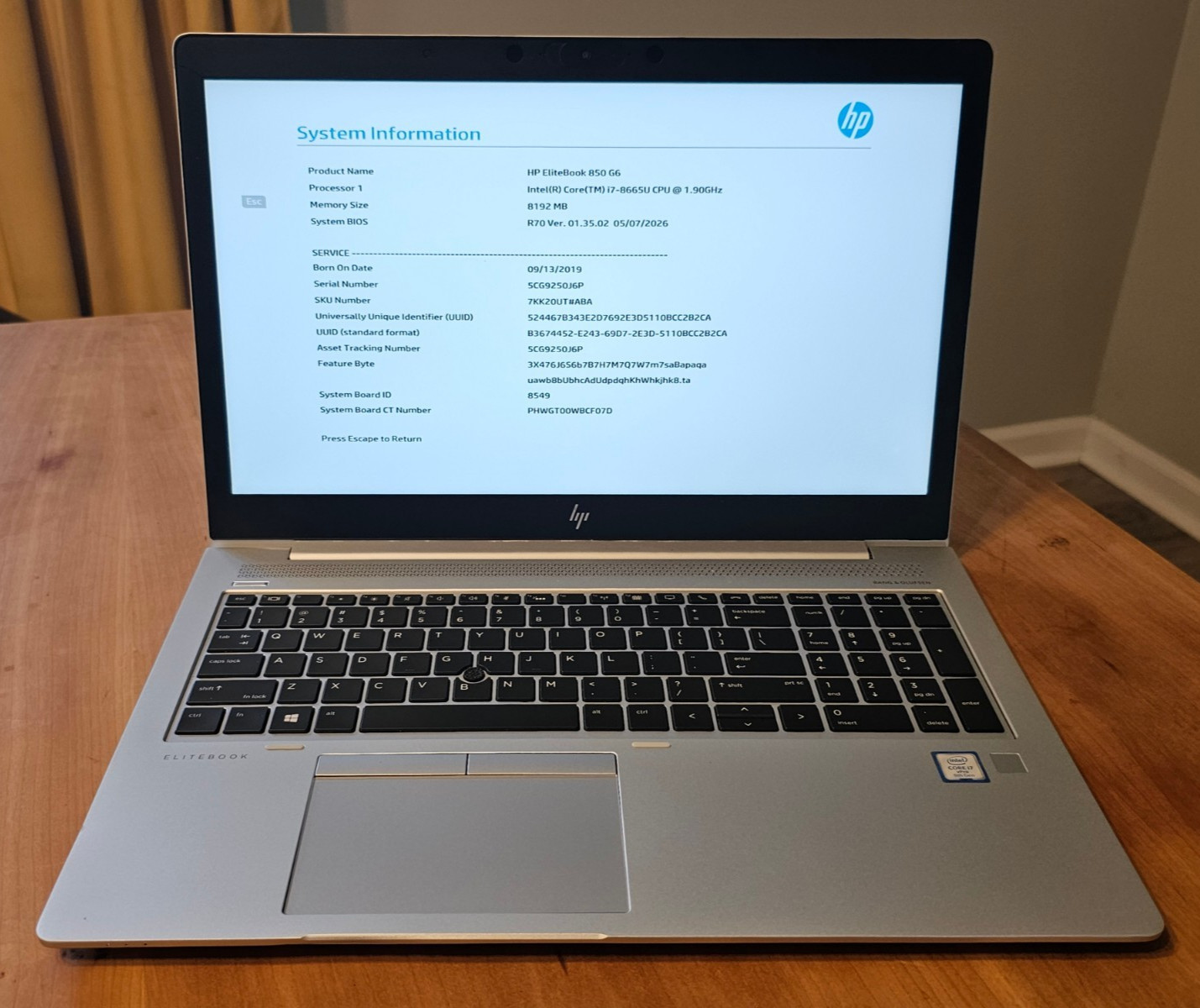 HP EliteBook 850 G6 i7-8665U 1.9/4.8GHz 8GB Full HD Bad Keys w/Battery No SSD AC