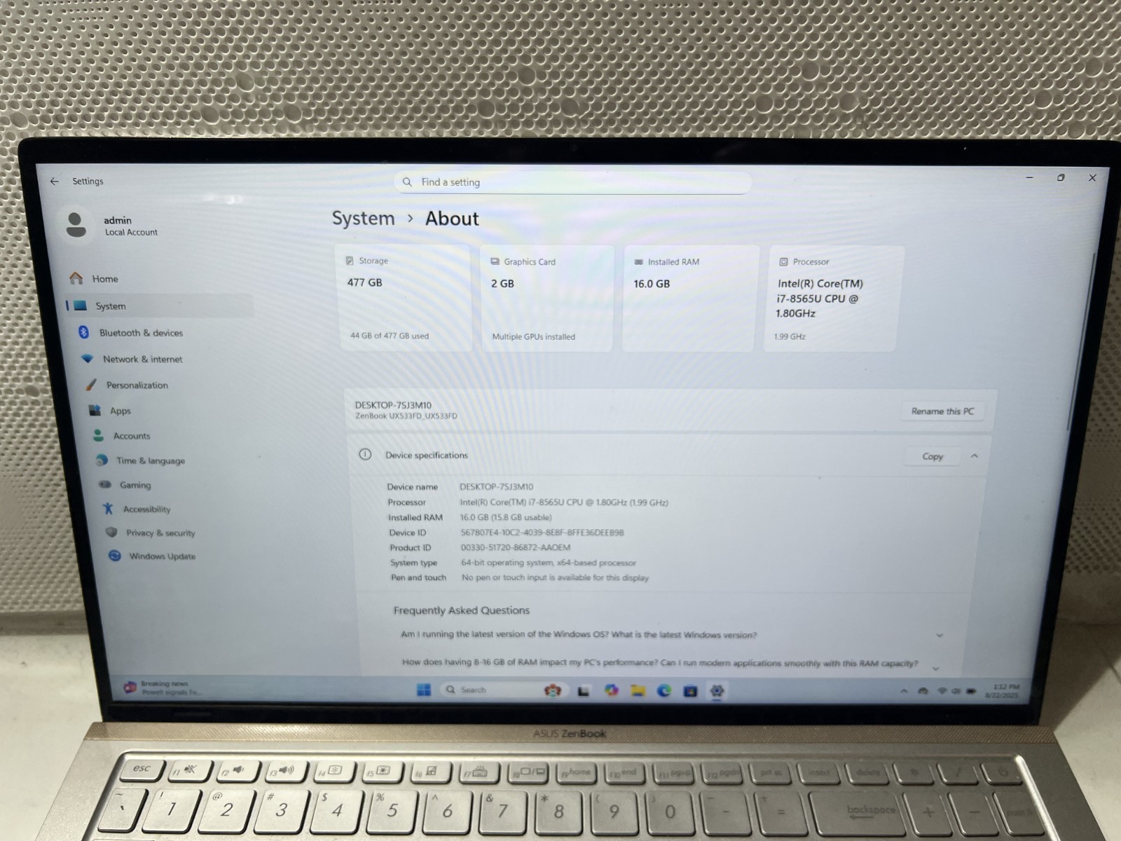 ASUS ZENBOOK UX533F i7-8565U@ 1.80GHz 16GB RAM 512GB SATA SSD WIN-11P