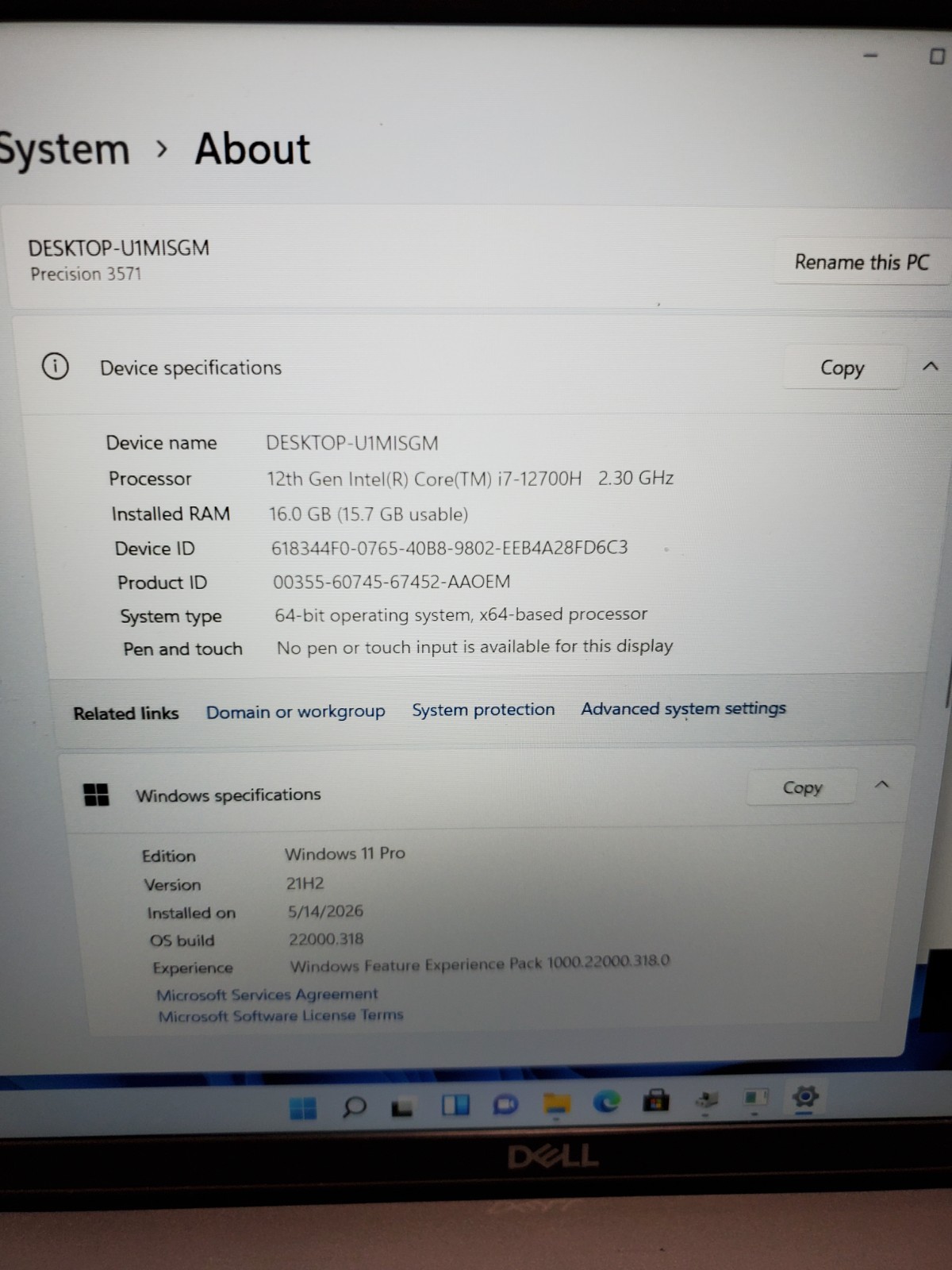 Dell Precision 3571 i7-12700H 16GB RAM 256GB SSD T600 Win11 READ! #69