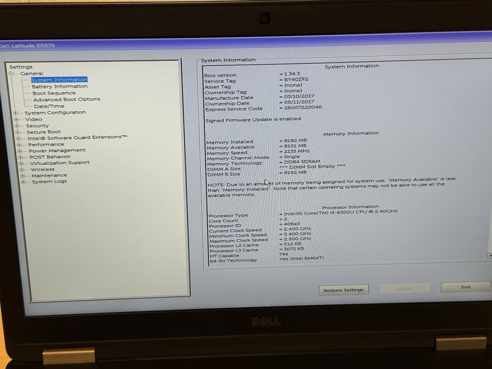 DELL LATITUDE E5570 INTEL CORE I5-6300U 2.40 GHz 8GB RAM NO HDD / BATT – READ