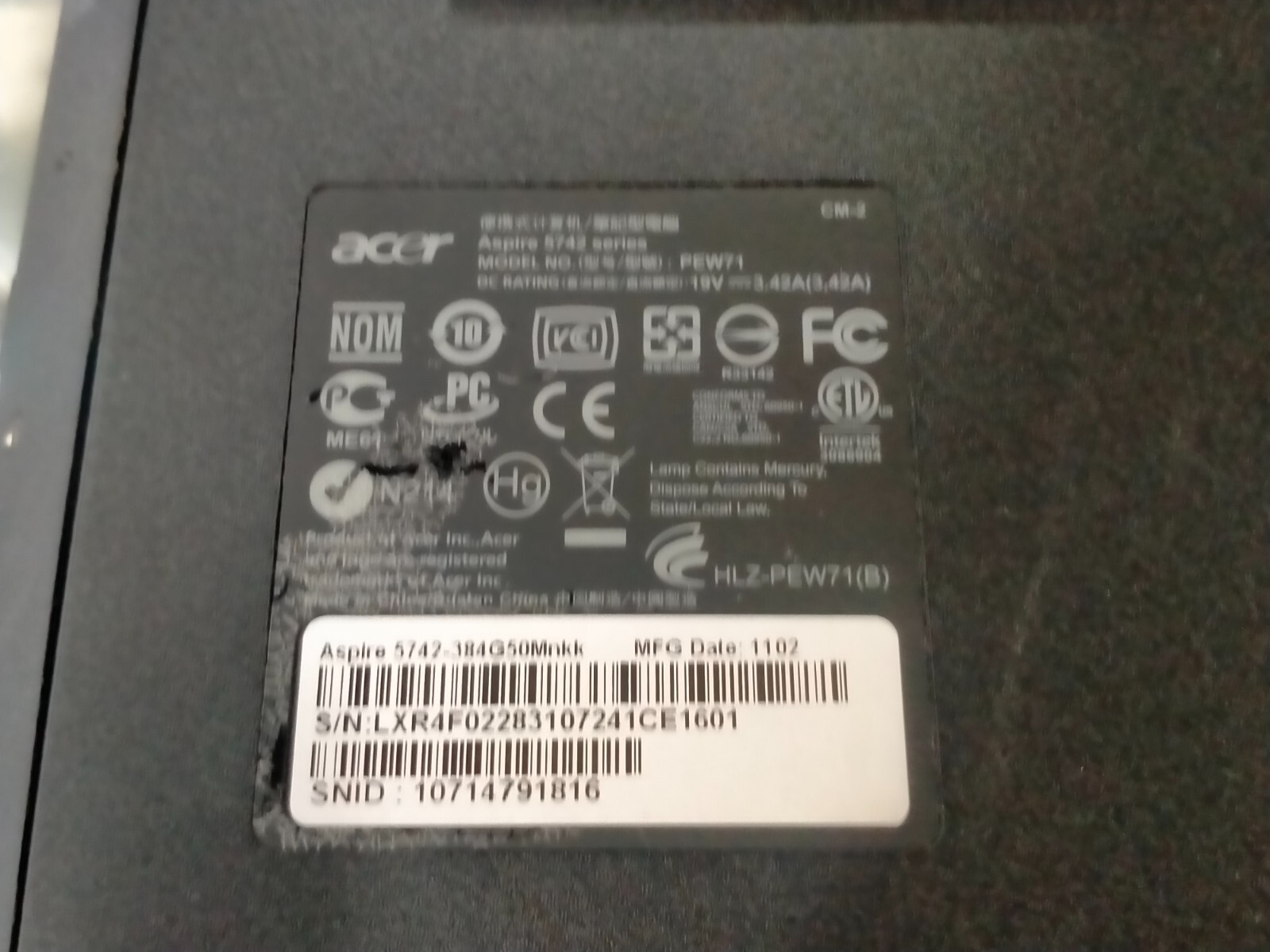 ACER ASPIRE 5742 SERIES PEW71 WINDOWS 7 HOME PREMIUM 4GB RAM 500GB HDD / I3