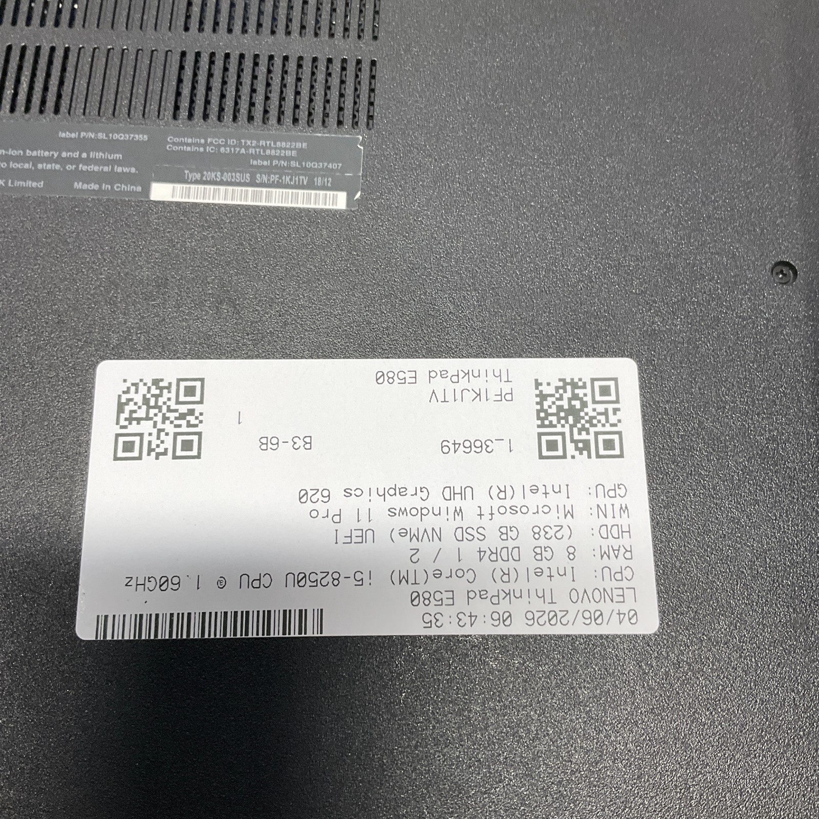 Lenovo ThinkPad E580 i5-8250U 8GB RAM 256GB SSD NVMe Windows 11 Pro Laptop