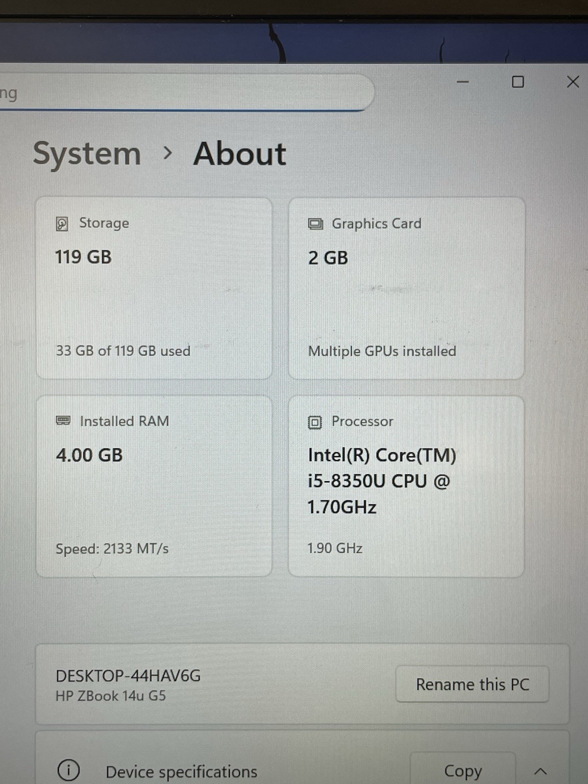 HP ZBook 14u G5 i5-8350U 1.70GHz 4GB RAM 128GB SSD – Windows 11