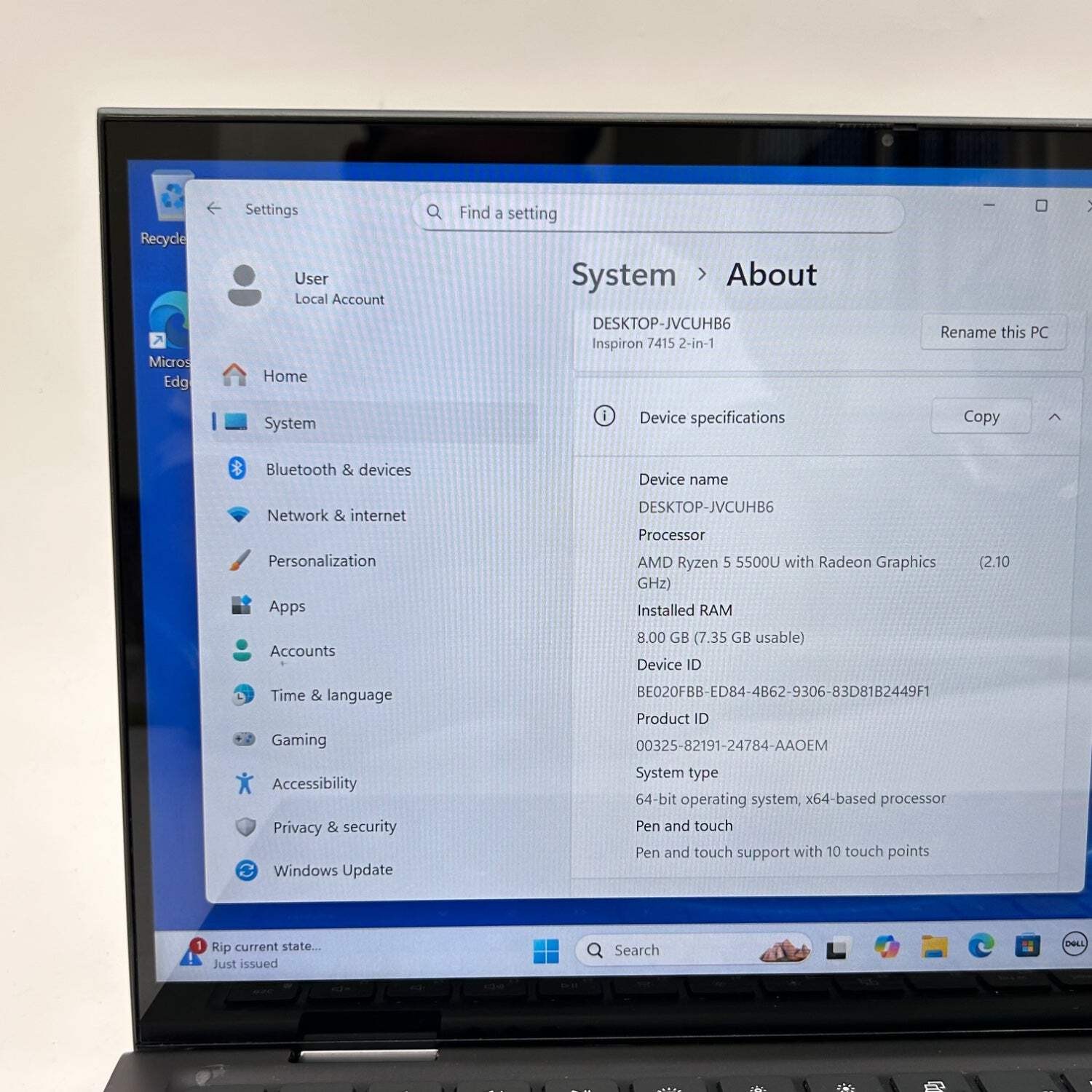 Broken Dell Inspiron 7415 2-IN-1 Ryzen 5 5500U 8GB RAM 256GB SSD Hinge Damage
