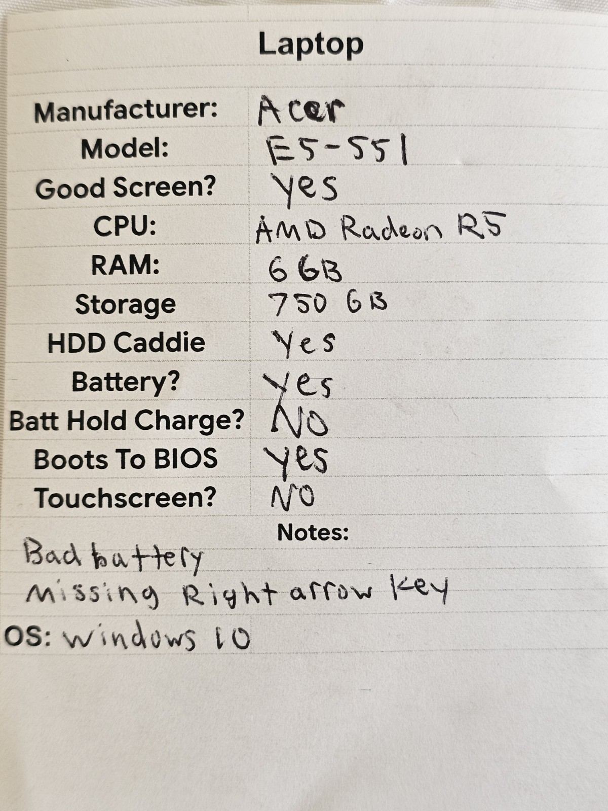 Acer E5-551 Laptop – AMD Radeon R5 – 6GB RAM – 750GB – BAD BATT – Win 10 – READ