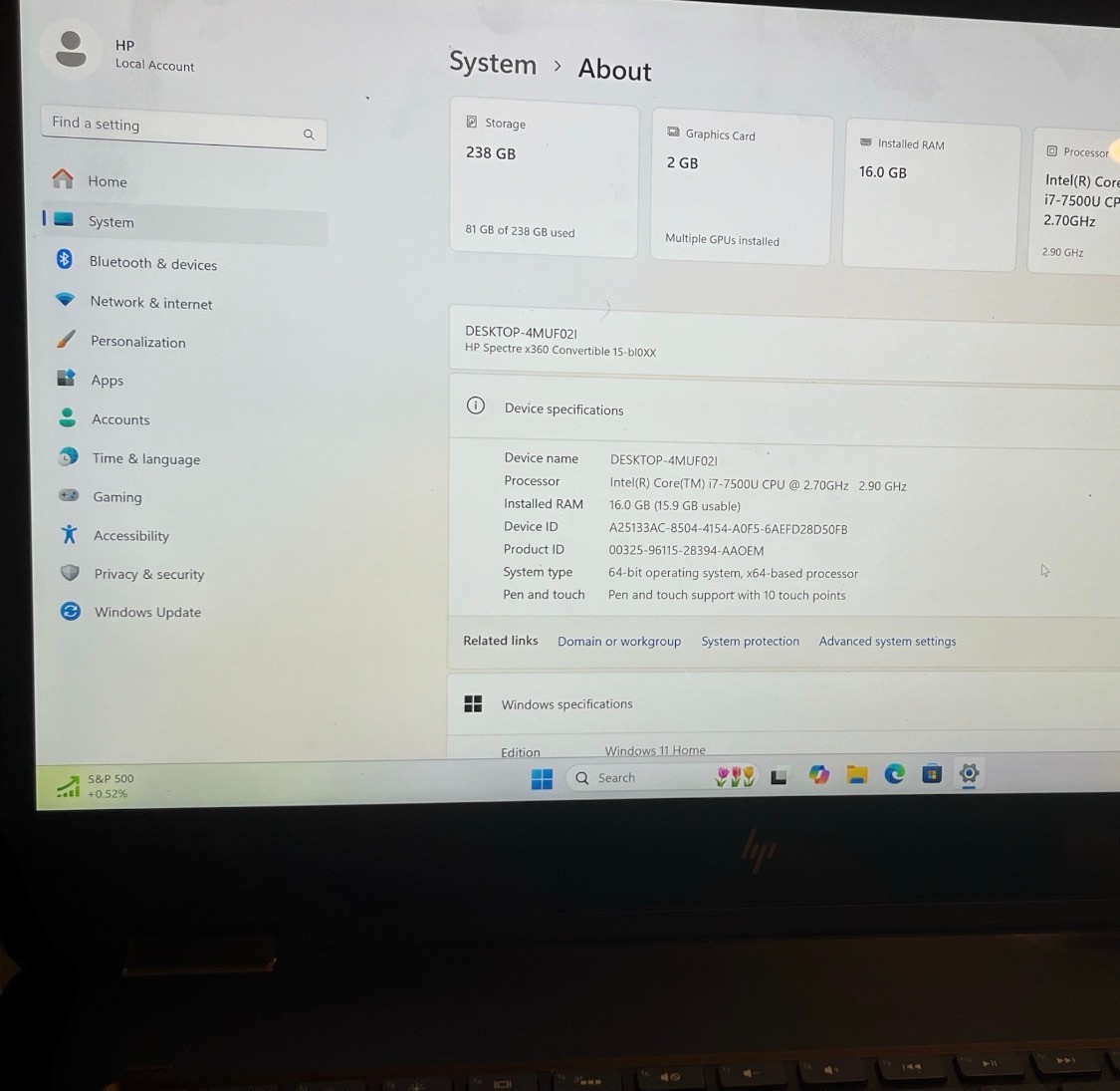 HP Spectre x360 15″ 2-in-1 4K Ultra HD Touch i7-7th Gen 16GB RAM AS-IS