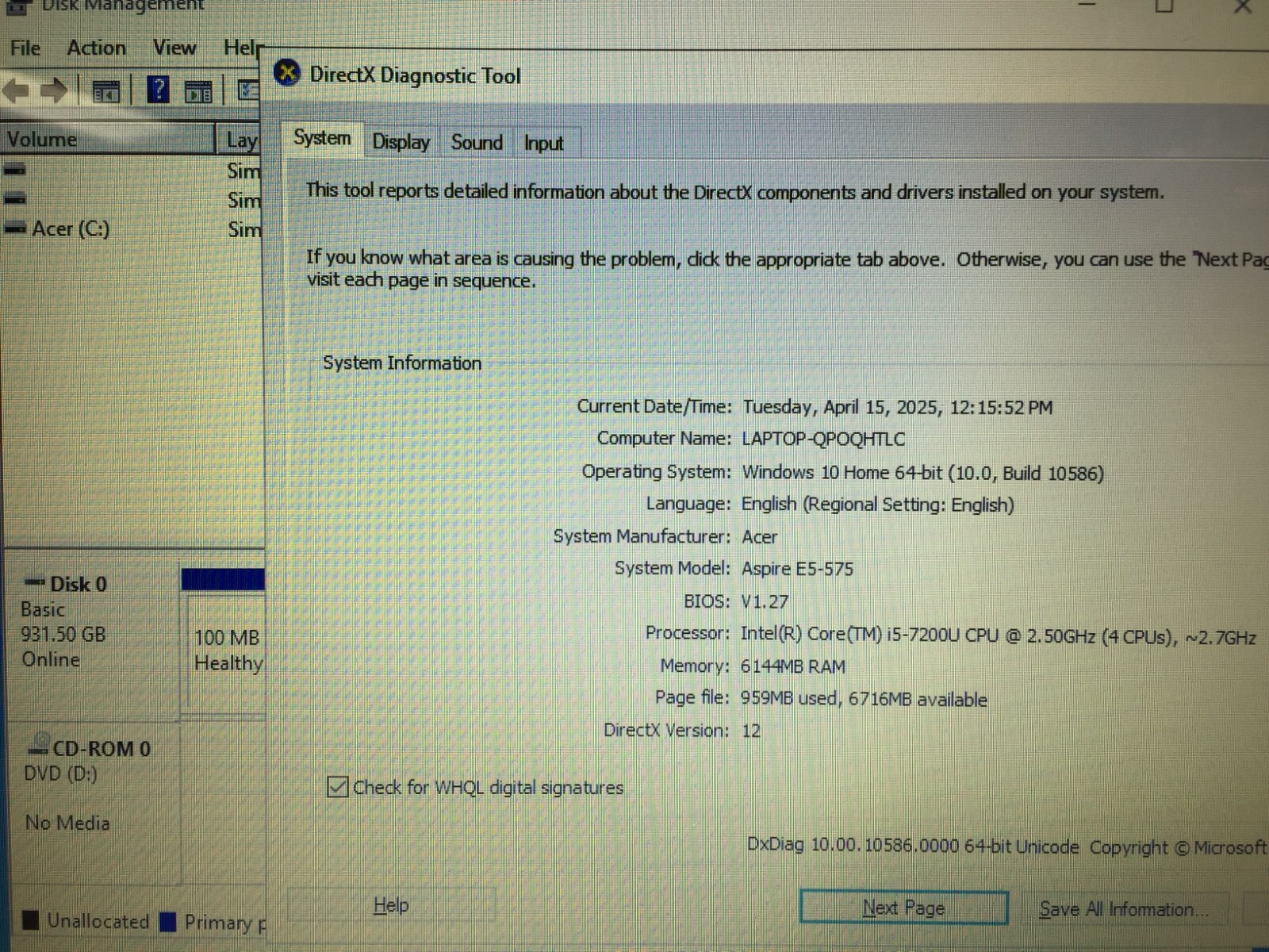 *Bad Battery*Acer Aspire E 15 E5-575-54E8 15.6″ Laptop/i5-7200u/6GB/1TB HDD/W10H