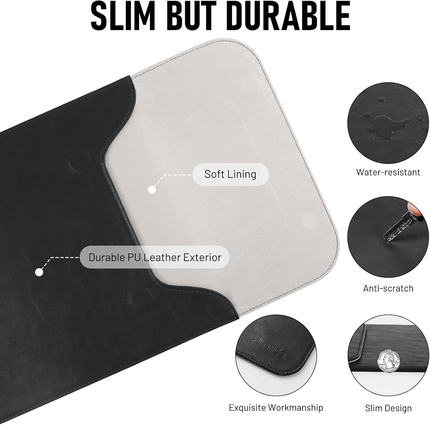 Black Waterproof PU Leather Laptop Sleeve for 15-16 inch MacBook Pro 2021-2026