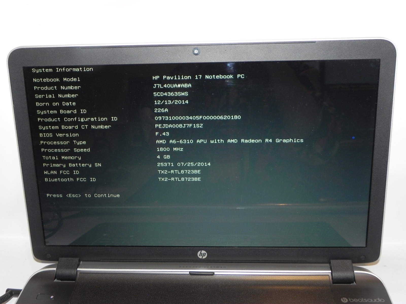 HP Pavilion 17 AMD A6-6310 1.6GHz 4GB RAM – FOR PARTS OR REPAIR –