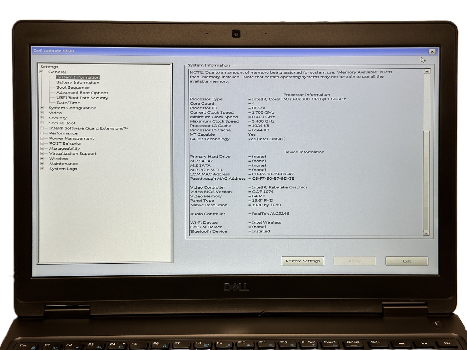 Dell Latitude 5590 i5-8250U | NO RAM, SSD, Battery, AC | ✅BIOS | Component Issue