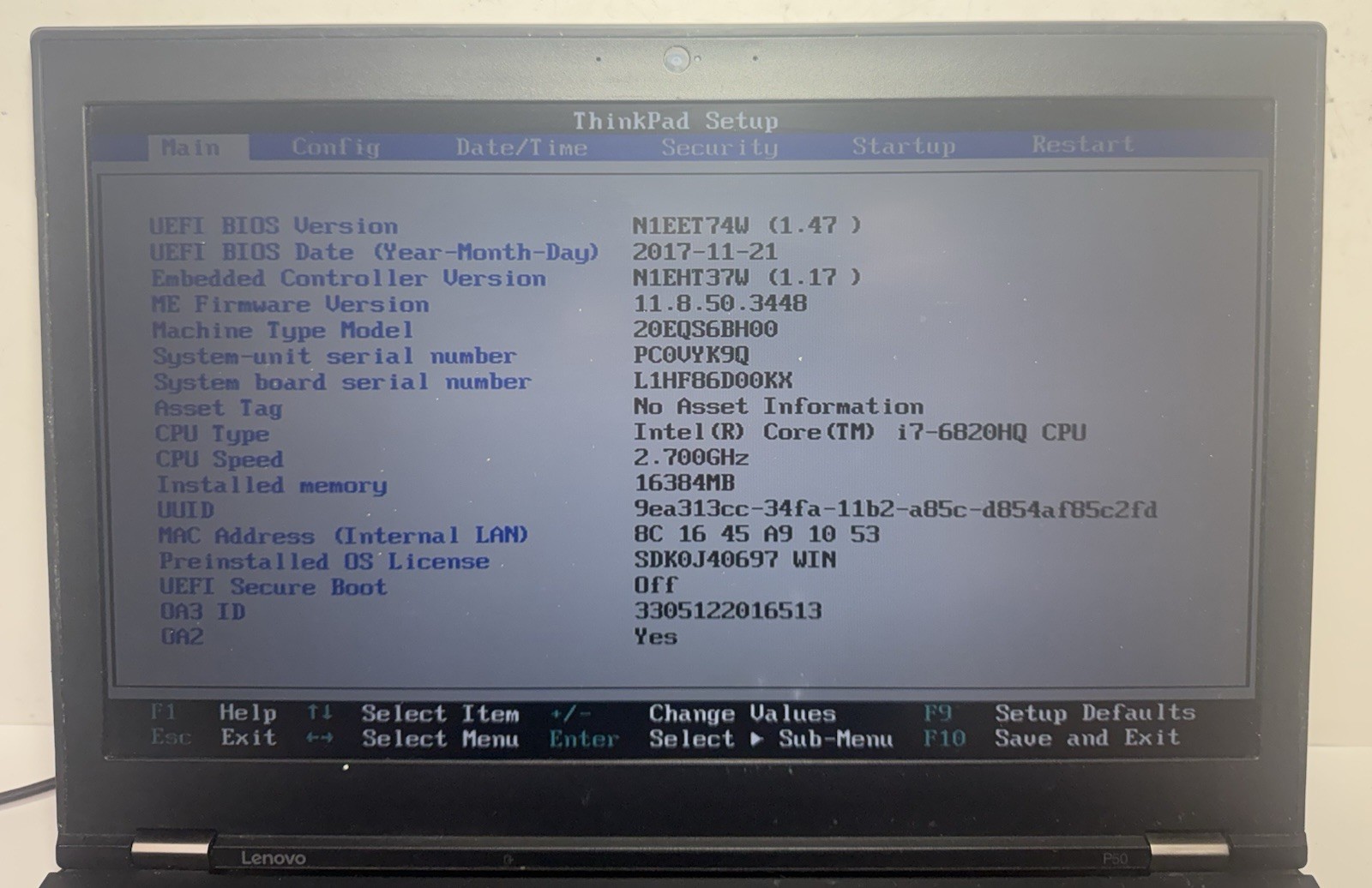 Lenovo ThinkPad P50 15.6” i7-6820HQ 16GB DDR4 512GB NVMe (NO OS/AC) #0028