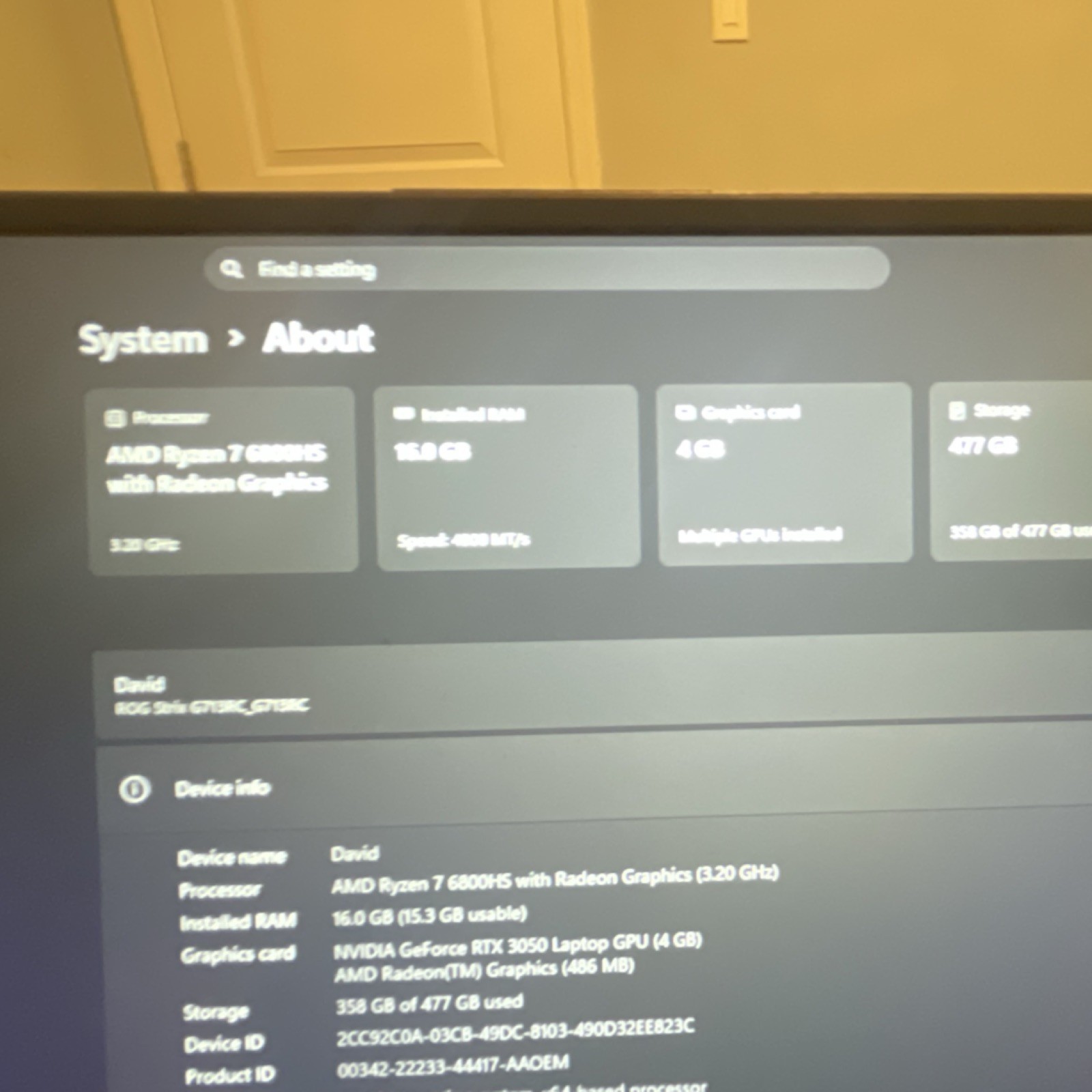 ASUS ROG 15 G713RC Gaming Laptop Ryzen 7 6800HS 16GB 477GB SSD RTX 3050
