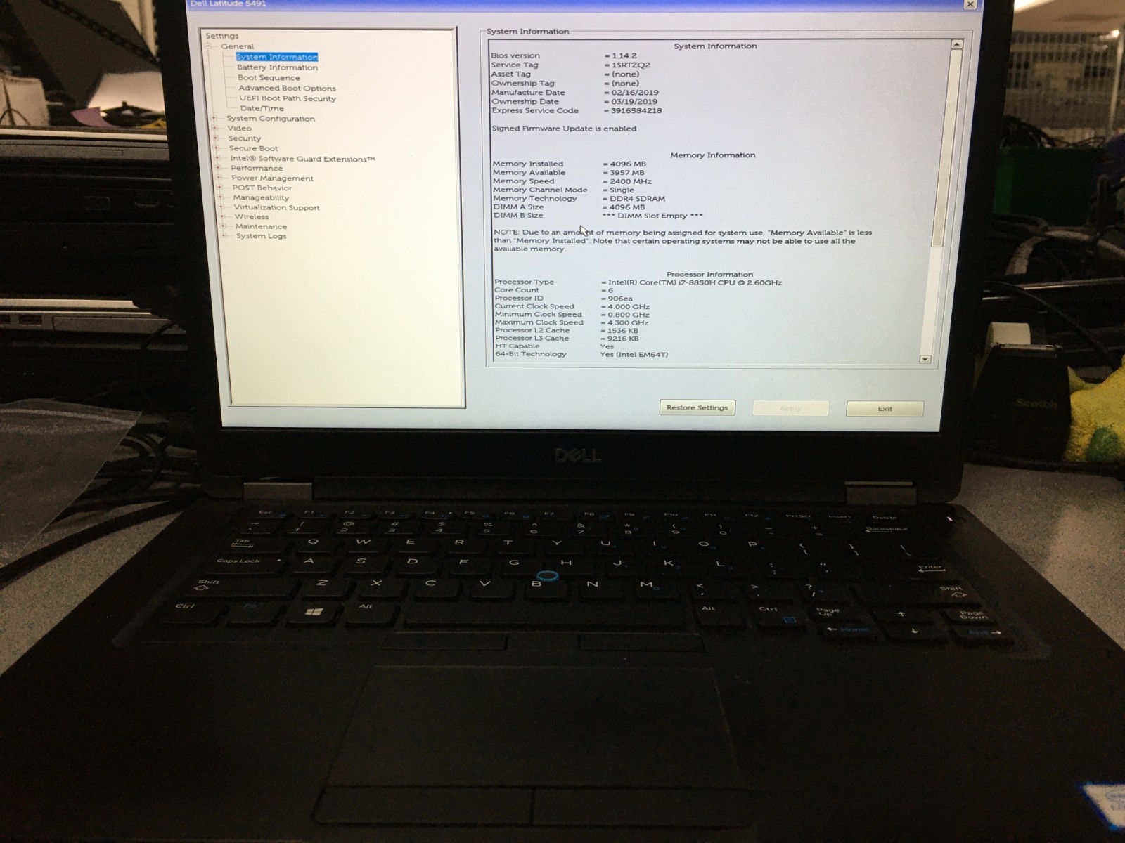 Dell Latitude 5491 14″ i7-8850H 4GB RAM *AS IS/No HDD/No OS/*BIOS* | LP445