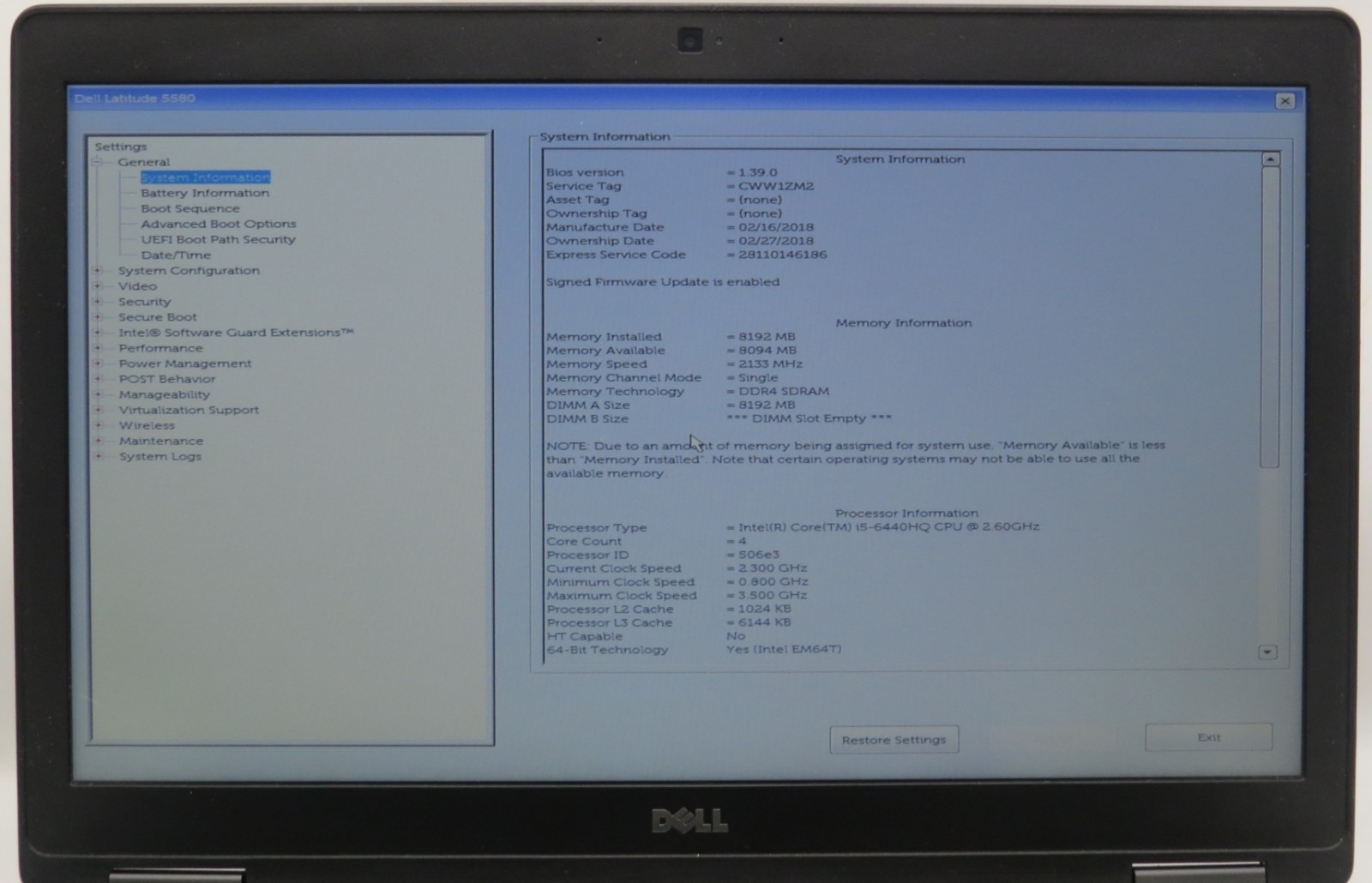 Dell Latitude 5580 _ i5-6440HQ @ 2.6 _ 8GB RAM _ No SSD / OS