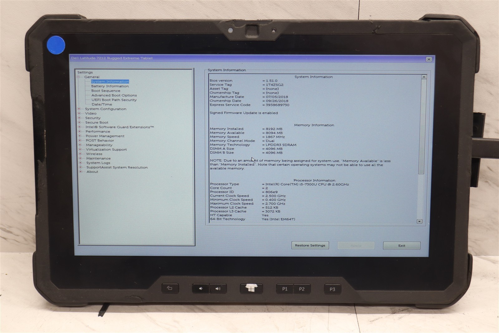 Dell Latitude 7212 Rugged Extreme Intel Core i5-7300U 8GB 128GB Tablet & Adapter