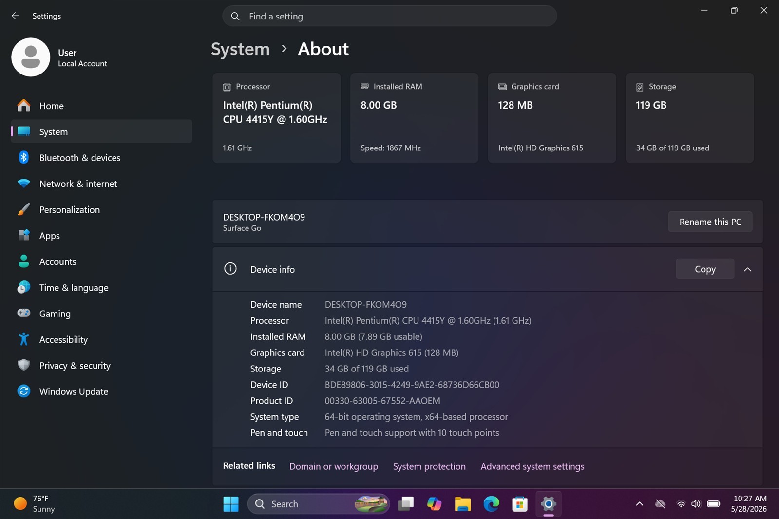 Microsoft Surface Go 2 10.5″ Tablet Core m3-8100Y 4GB RAM 64GB Windows 11 Pro