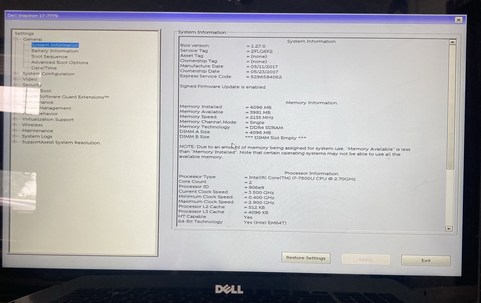 Dell Inspiron 17-7779 i7-7500U 2.70GHz 4GB no HDD Boot to BIOS