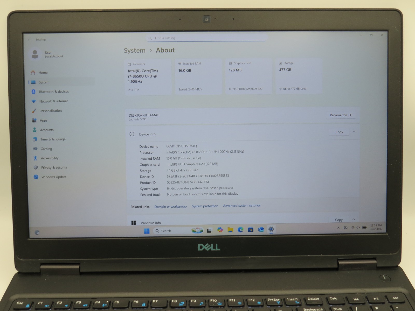 Dell Latitude 5590 | i7-8650U @ 2.1GHz | 16GB DDR4 | 512GB m2 | 15.6″ | No OS