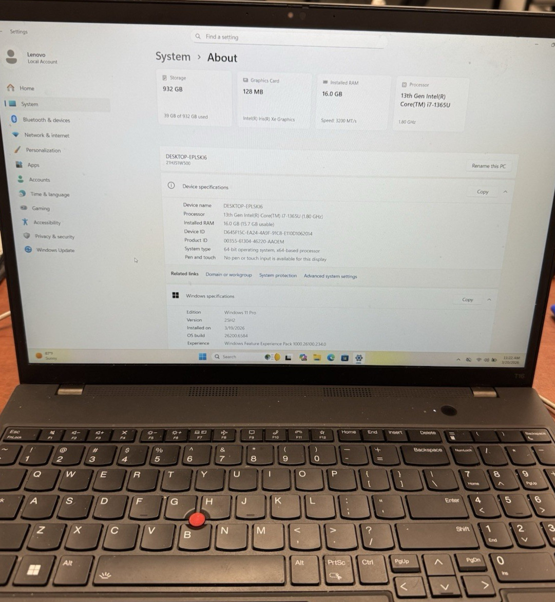 Lenovo ThinkPad T16 Gen 2 Laptop AMD i7-1365U 16GB No SSD