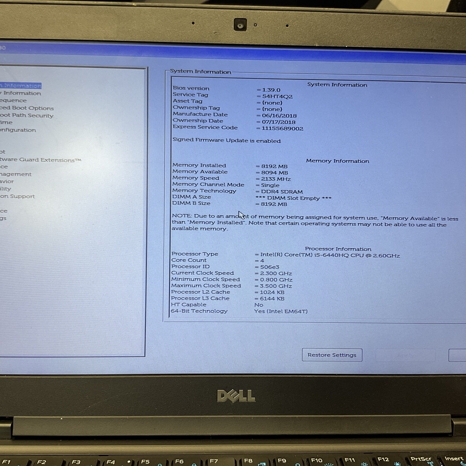 Dell Latitude 5480 / i5 6th Gen / BIOS Unlocked / No RAM / No SSD / M15