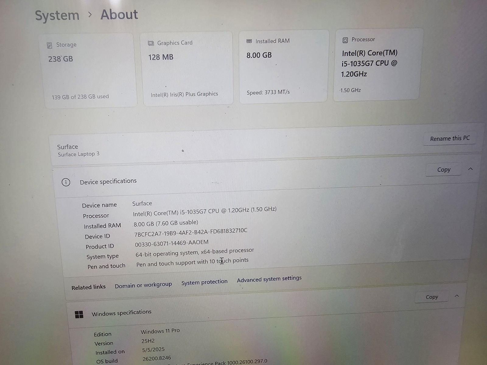 Microsoft Surface Laptop 3 i5-1035G7 8GB RAM 256GB NVMe SSD 13.5″ Win 11 Pro