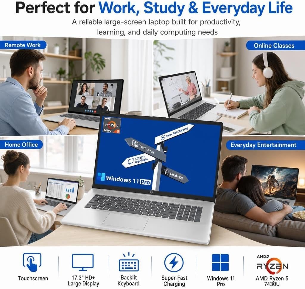 HP 17.3″ Touch Laptop HD+ AMD Ryzen 5 7430U Win 11 Pro 8GB RAM, 256B SSD Silver