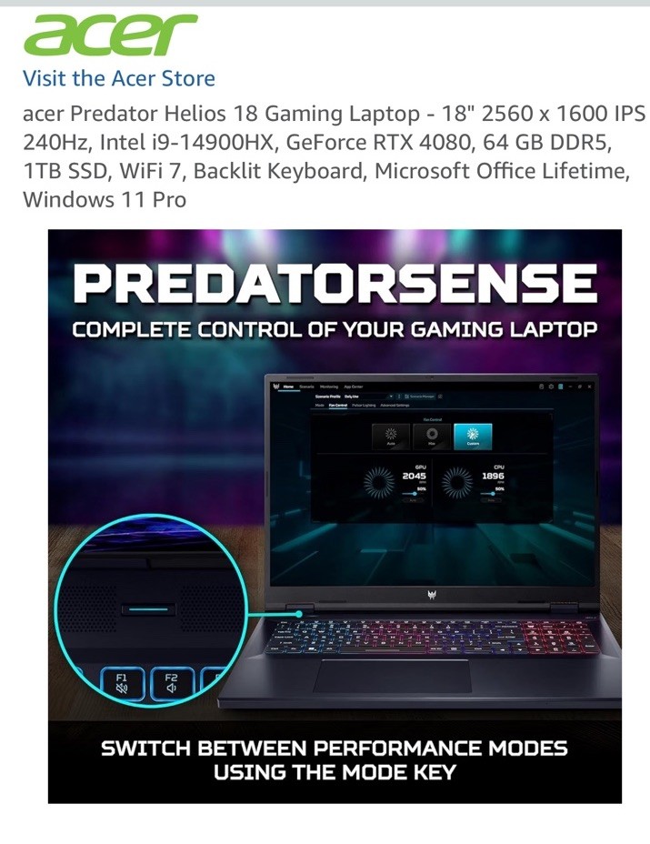 Acer Predator Helios 18 18in i9-14900HX RTX 4080 64GB 1TB SSD W11 Pro