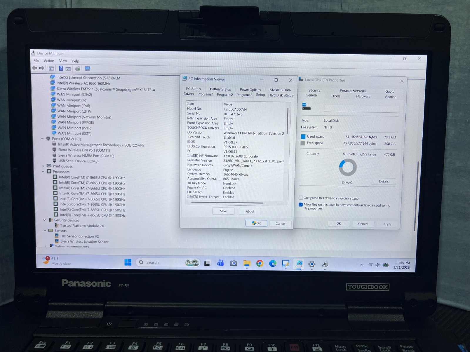 FZ-55CA60CVM, Intel core i7-8665U,512GB SSD,16GB Mem,HDMI, 4G LTE, GPS, 2 Batter