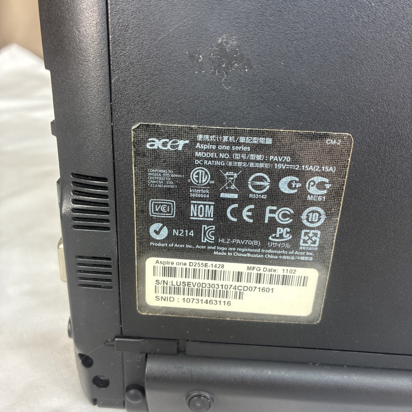 Acer Aspire One D250 Kav60 Laptop Computer Bad screen- For Parts Or Repair