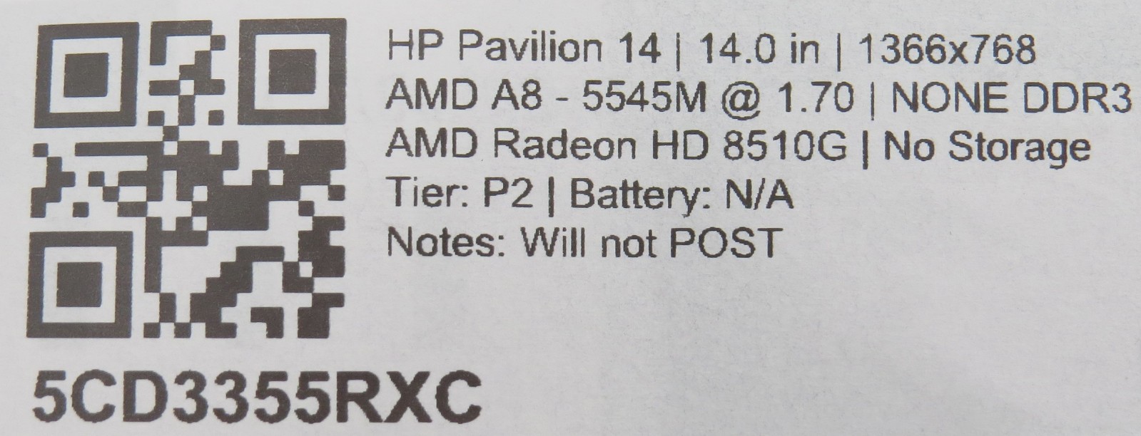 HP Pavilion 14 | AMD A8-5545M @ 1.7GHz | 14″ | No HDD/RAM/OS/AC PARTS